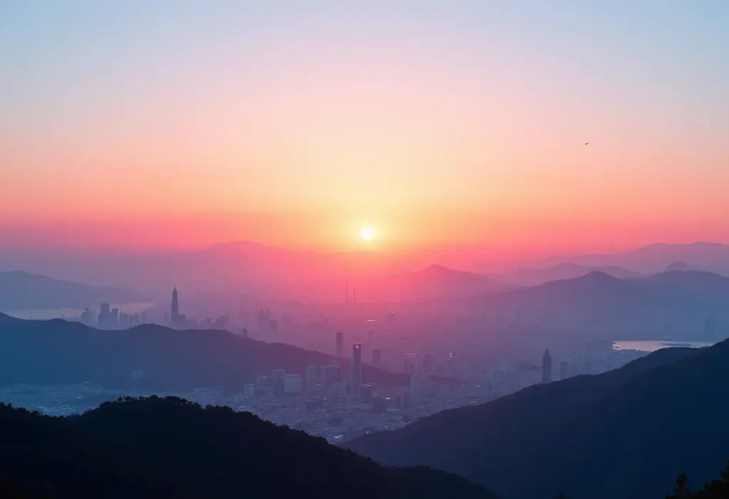 Vista panorâmica de Seul ao pôr do sol com transição suave para a paisagem de Jeju