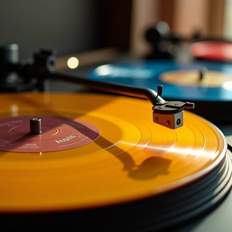 Vitrolas tocando discos de vinil coloridos