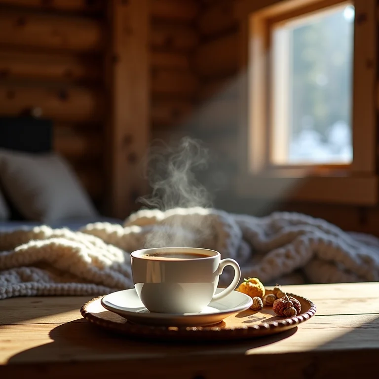 Xícara de café fumegante em chalé aconchegante em Monte Verde