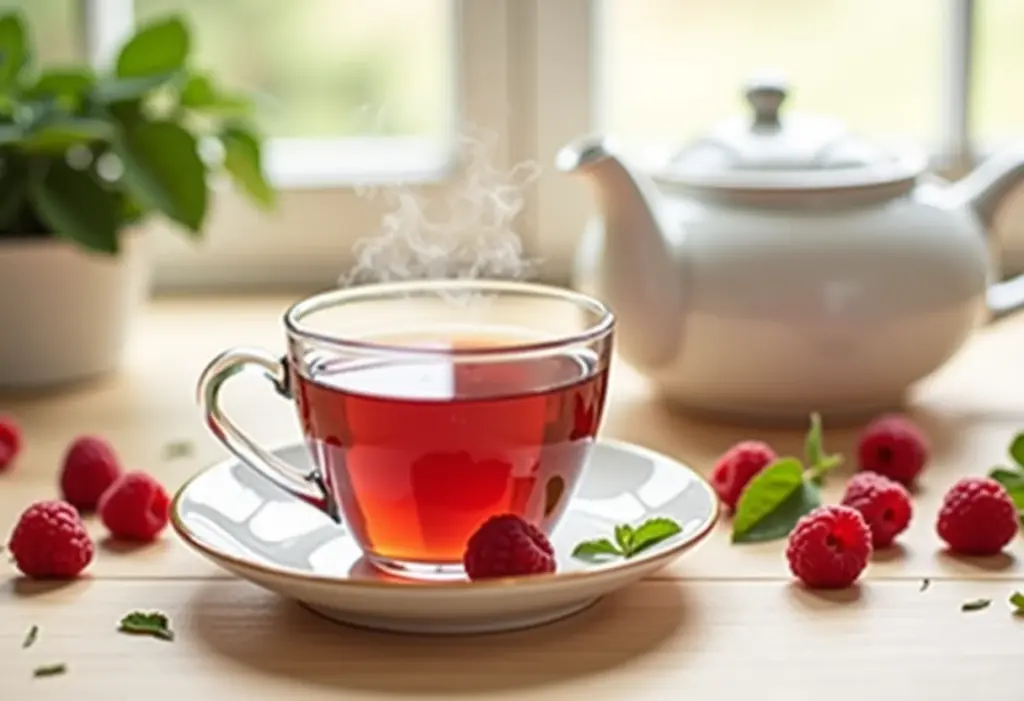 Xícara de chá de framboesa fumegante com framboesas frescas e hortelã