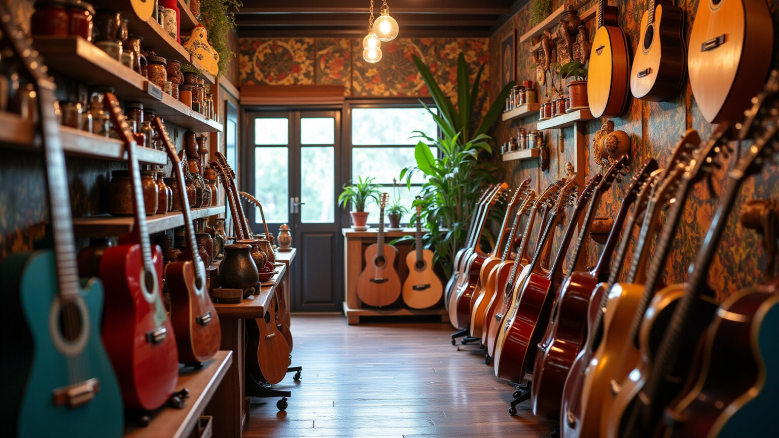 Interior vibrante de loja de instrumentos musicais com decoração artesanal brasileira.