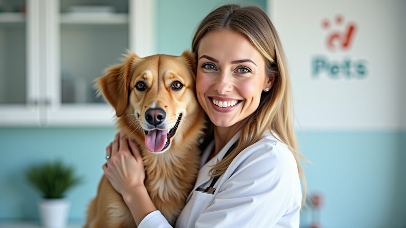 Mulher sorrindo segura cachorro em clínica veterinária.