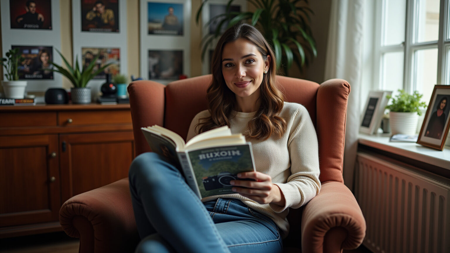 Fotógrafos Famosos: 5 Filmes Magnéticos Para Ver em 2026 Mulher lendo livro de fotografia em poltrona aconchegante.