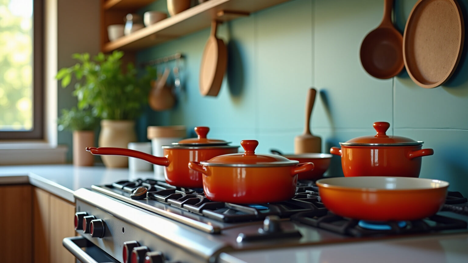 Panela de Cerâmica: Qual a Melhor Marca em 2026? Cozinha moderna com panelas de cerâmica coloridas.