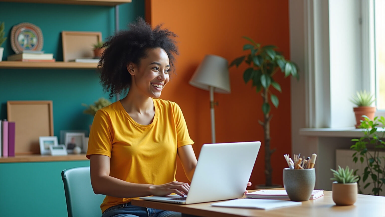 Jovem brasileira gerenciando mídias sociais em home office.