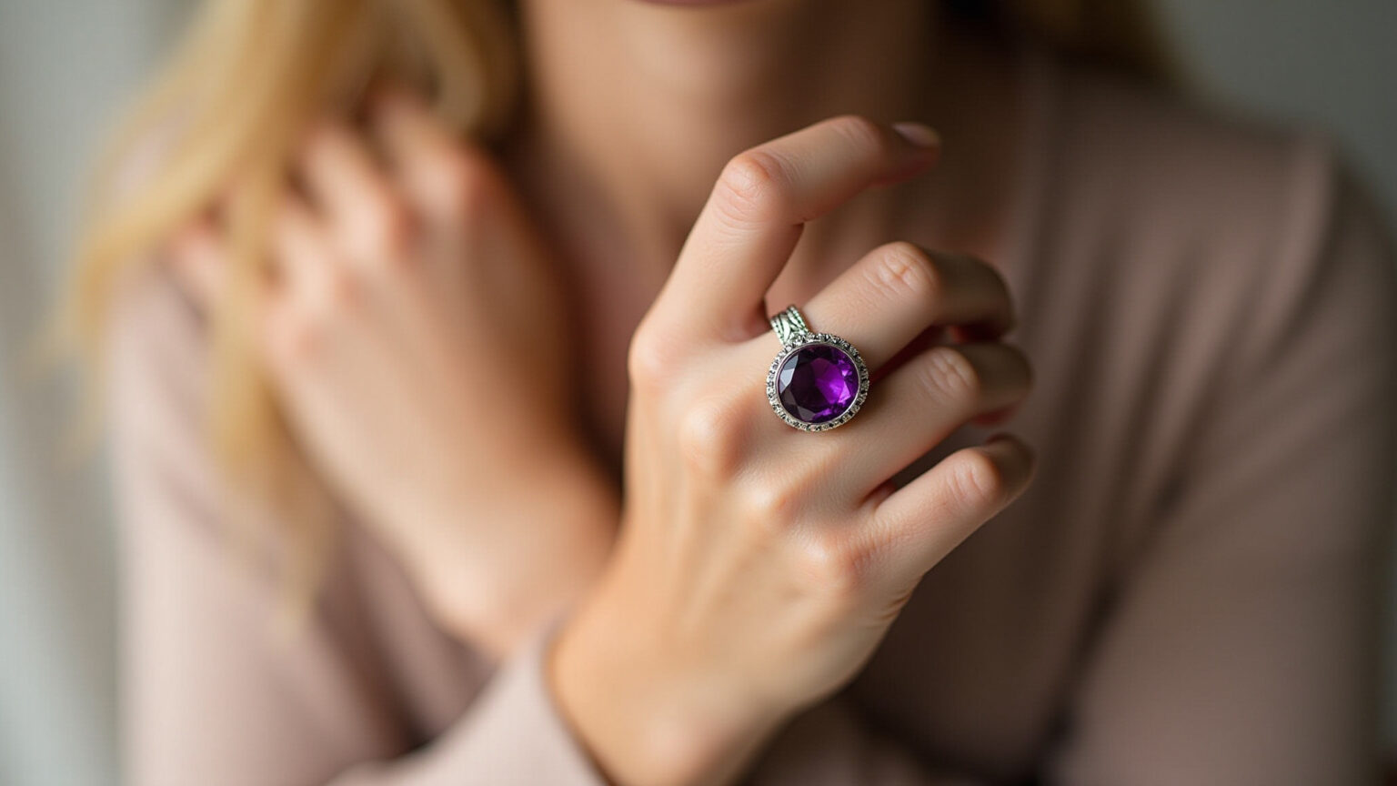 Prata 925 e Pedra: o acessório que eleva seu look (e a autoestima) Anel de prata 925 com ametista vibrante na mão de uma mulher.