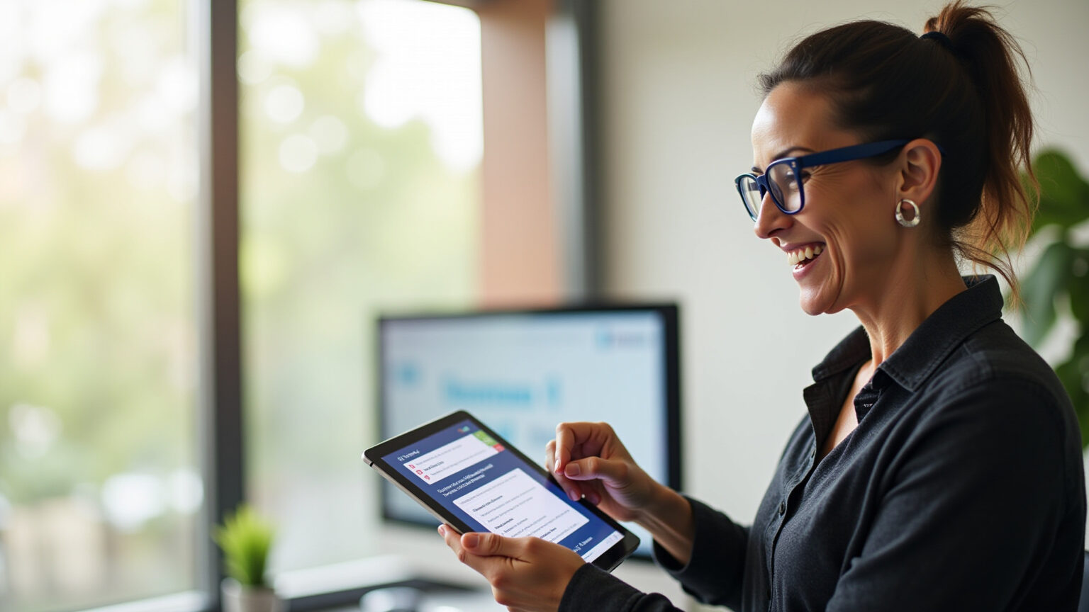 MEI sorrindo analisa planos MedSênior no tablet.