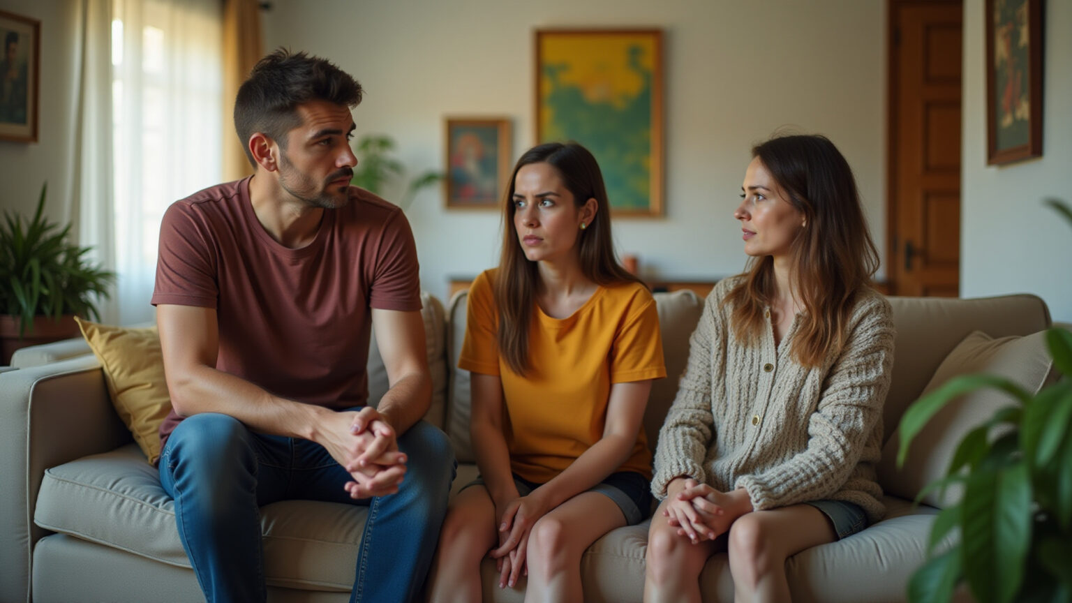 Família preocupada conversando em casa sobre a hora de procurar ajuda.