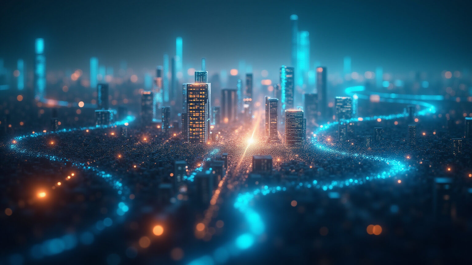 Cidade futurista com dados luminosos, representando SEO e IA.