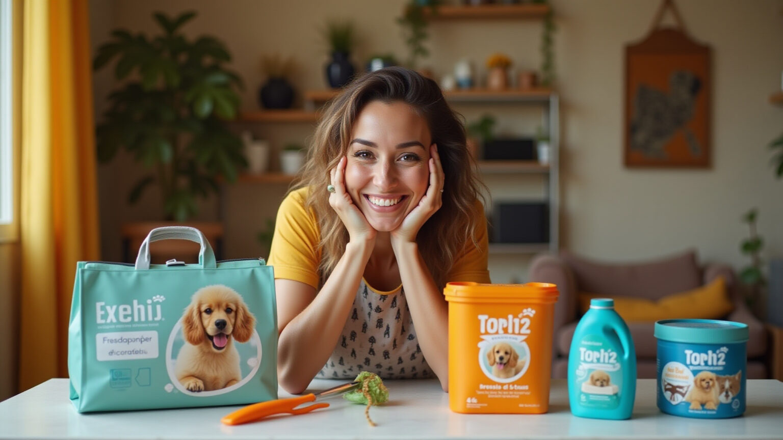 Mulher brasileira sorrindo com produtos essenciais para pets.