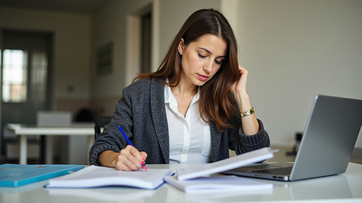 Mulher concentrada estudando para o concurso Petrobras Cesgranrio.