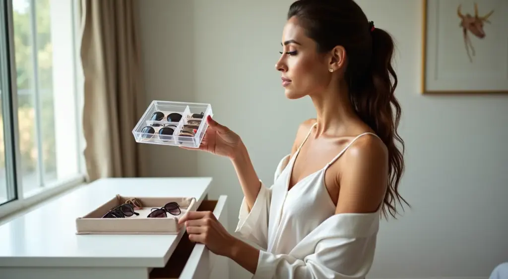 Organizador de óculos de sol acrílico ou gaveta forrada: qual salva seu investimento?