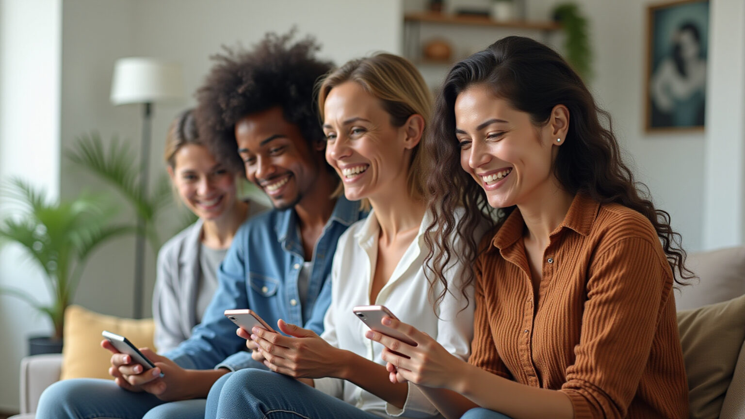Brasileiros utilizando aplicativo de saúde Bradesco Saúde com sorrisos e confiança.