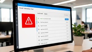 Interface de ferramenta de validação de email com alerta de endereços inválidos