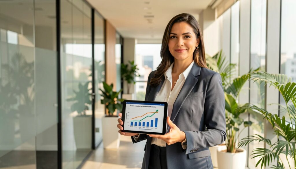 JSRE11 ou outros fundos de tijolo? Como escolher o melhor FII conforme os objetivos Mulher profissional em escritório moderno segurando tablet com gráfico de valorização imobiliária