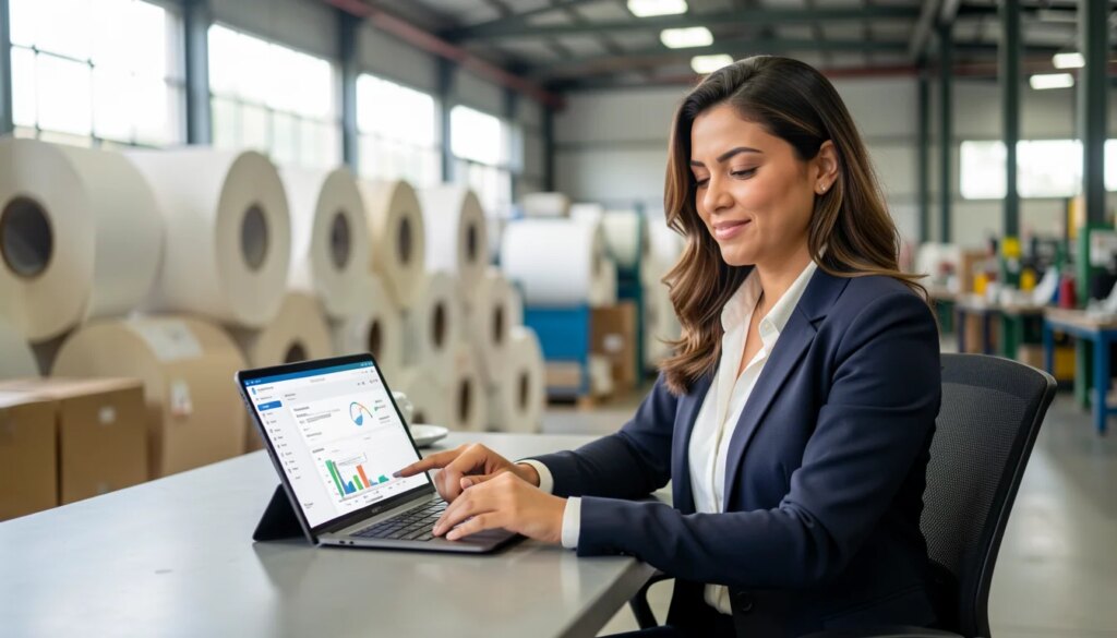Empresária usando tablet com sistema ERP em fábrica de papel
