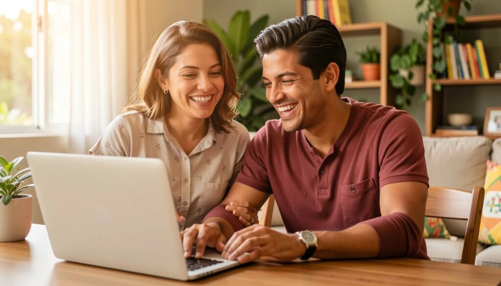 Como fazer uma lista de casamento online com segurança Casal feliz escolhendo presentes para lista de casamento online no laptop