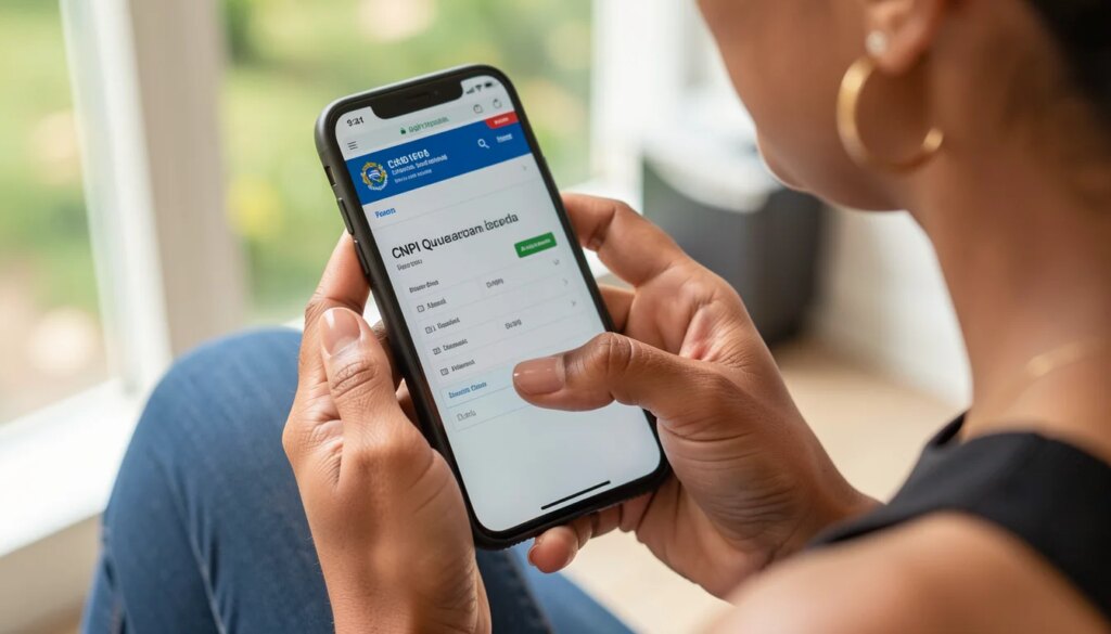 Mãos femininas segurando smartphone com consulta de CNPJ na tela