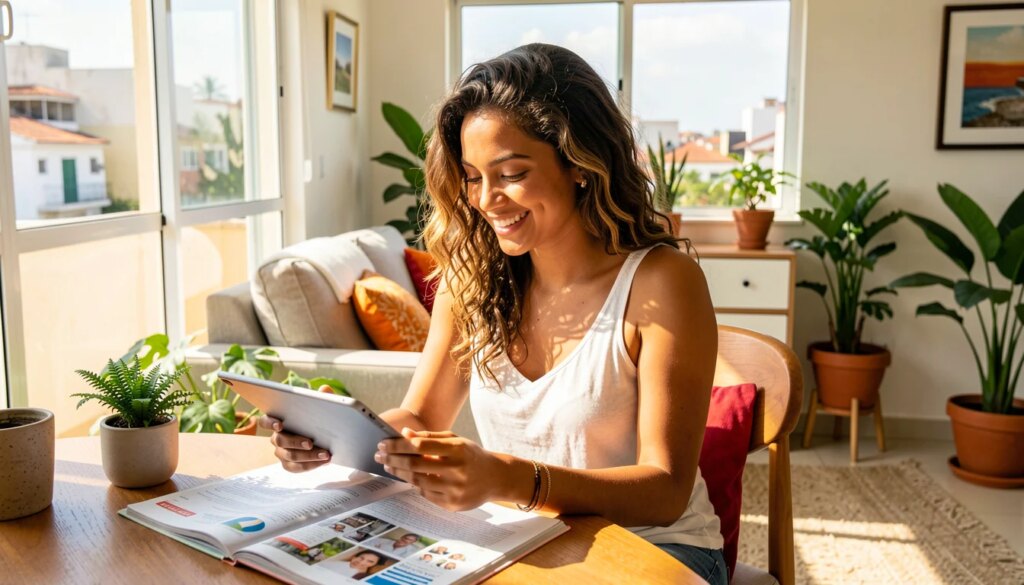Custo de vida em Salvador: quanto custa manter um imóvel nas regiões mais valorizadas? Mulher jovem sorrindo em apartamento moderno em Salvador, revisando documentos financeiros em tablet.