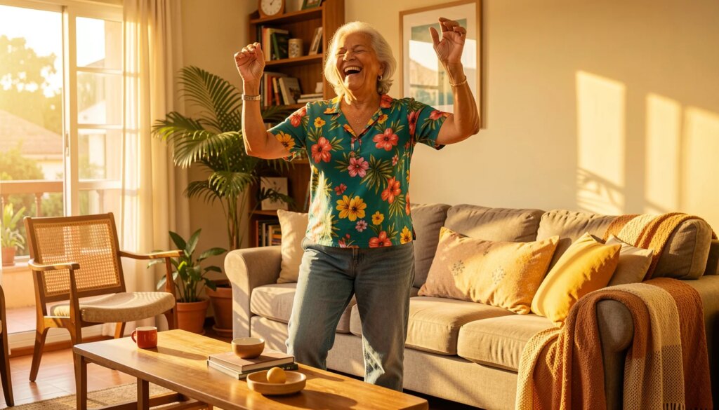 Idosa feliz dançando na sala de casa com luz natural