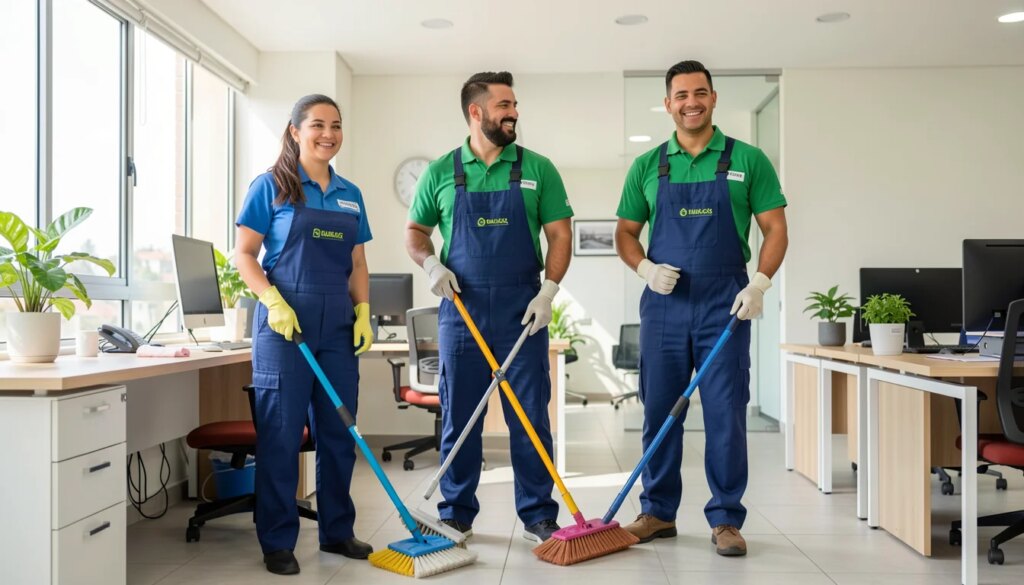 Equipe de limpeza profissional sorridente em escritório moderno em Marília