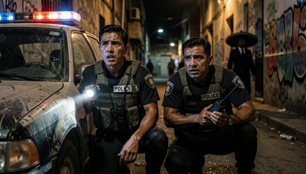 Dois policiais mexicanos em ação atrás de um carro de patrulha à noite, em clima de suspense.