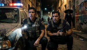 Dois policiais mexicanos em ação atrás de um carro de patrulha à noite, em clima de suspense.