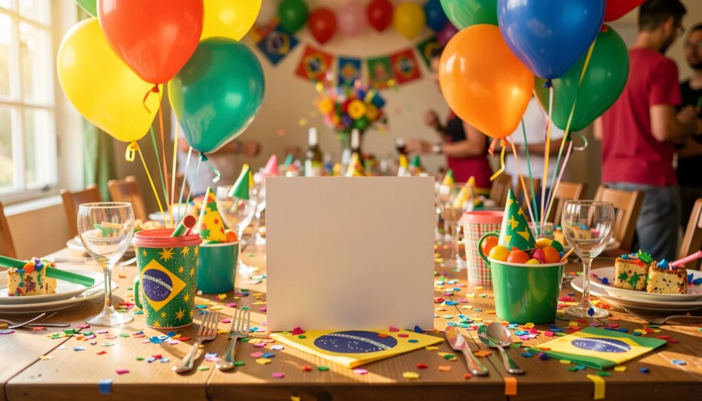 Como Personalizar Convites, Mensagens e Perfis para Festas Sem Experiência em Design Mesa de festa decorada com convite em branco e balões coloridos