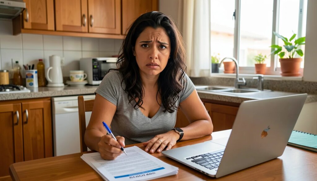 Mulher preocupada analisando documentos de plano de saúde em casa