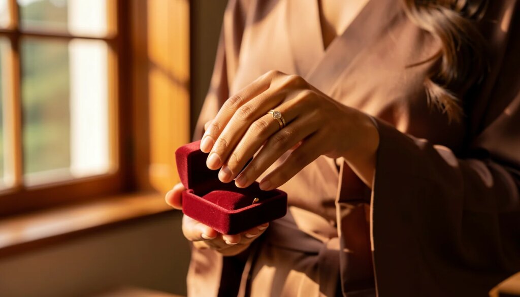 Guia do pedido perfeito: descubra a medida do dedo e a cor de ouro ideal para a joia do “sim” Mão feminina segurando anel de ouro 18k em caixa de veludo, luz natural suave.