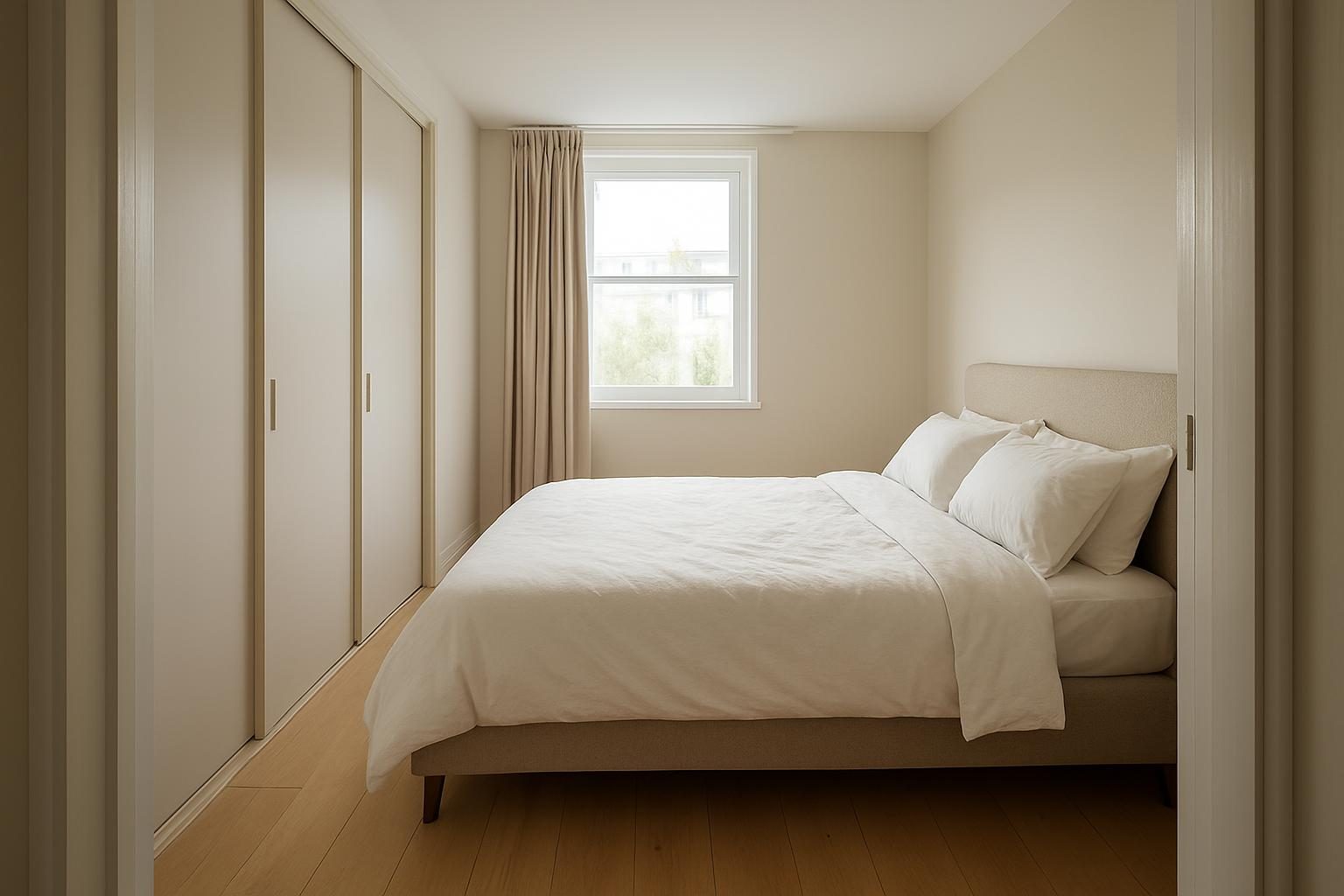 Quarto com guarda-roupa de portas de correr ao lado da porta e espaço livre em volta da cama