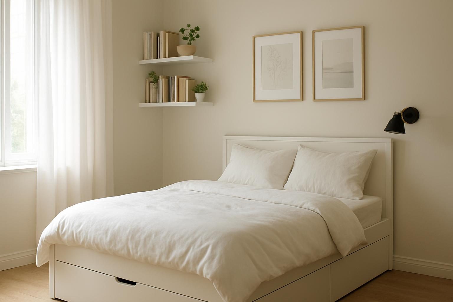 Quarto pequeno com prateleiras suspensas, arandela na parede e cortina do teto ao chão