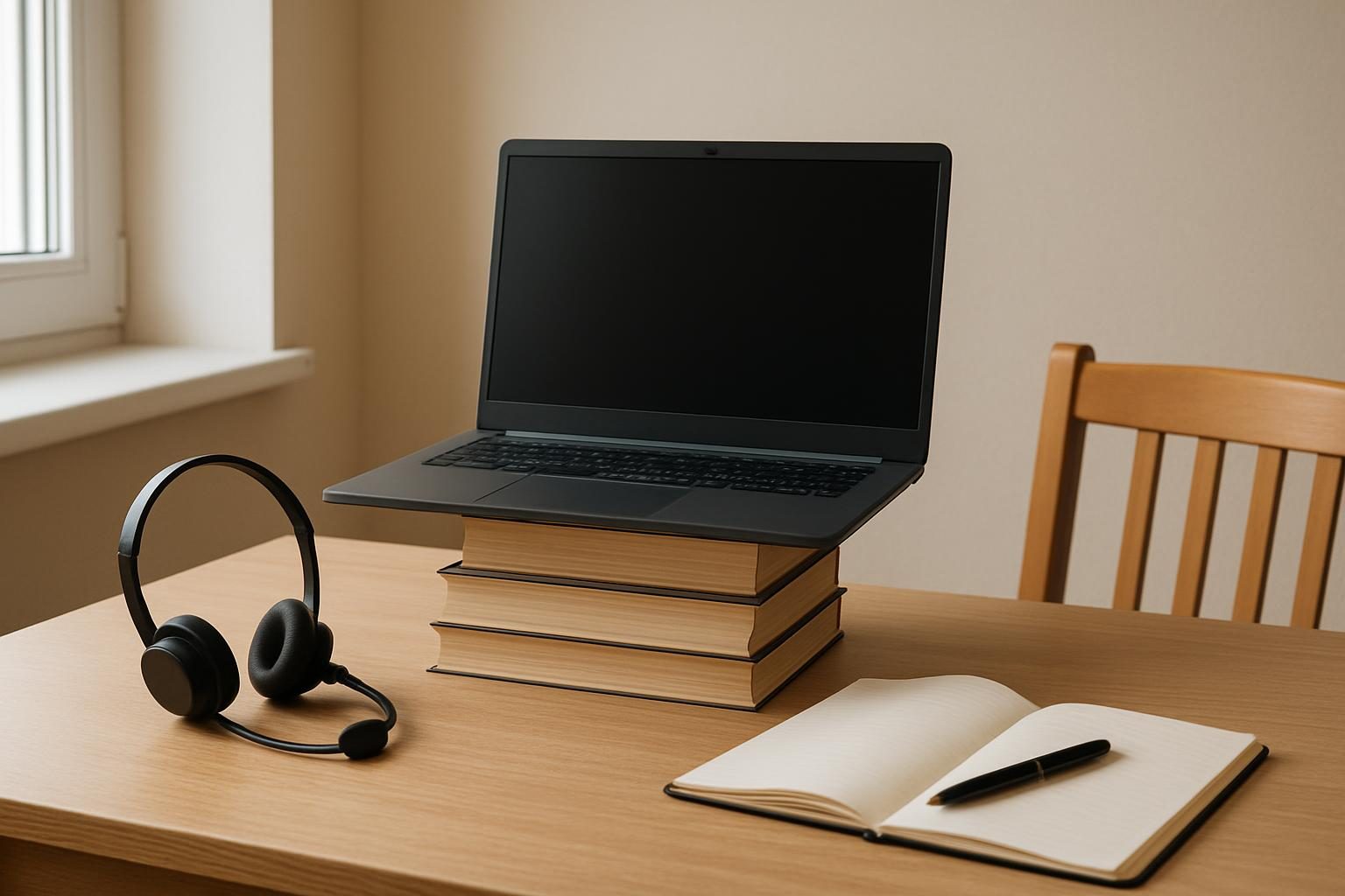 Mesa preparada para entrevista online com notebook elevado, fone com microfone e caderno