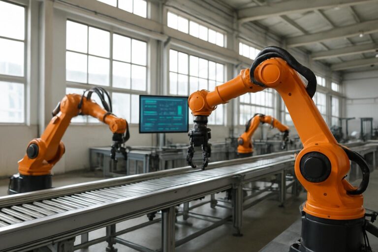 Linha de produção moderna com braços robóticos em uma fábrica conectada