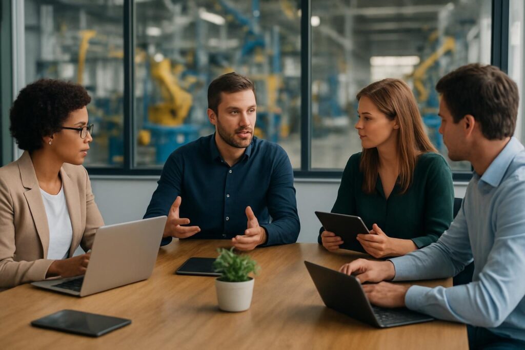 Equipe de marketing e vendas reunida em uma indústria para revisar resultados