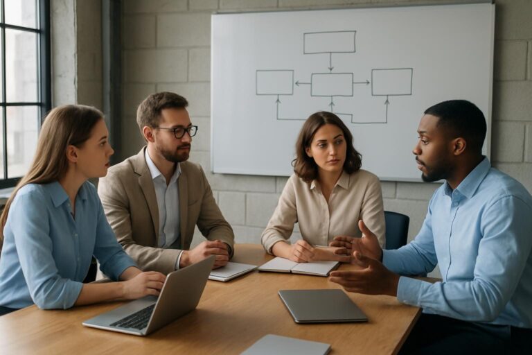 Equipe comercial de uma indústria reunida diante de um quadro com o desenho das etapas de vendas