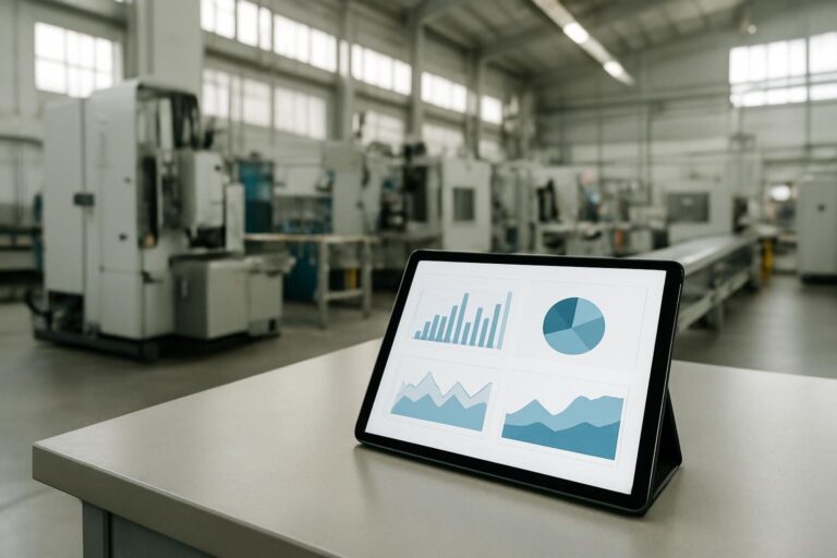 Fábrica moderna com tablet mostrando gráficos sobre uma bancada em primeiro plano