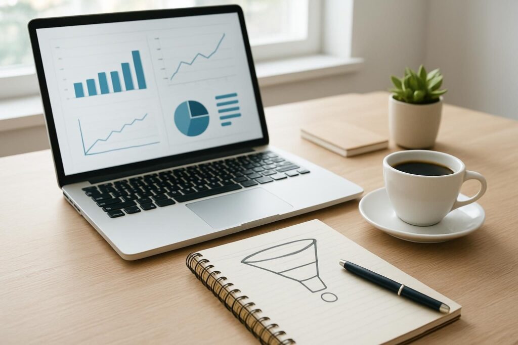 Inbound marketing na prática: etapas, ferramentas e métricas Mesa de trabalho com notebook, gráficos e caderno com esboço de funil de vendas