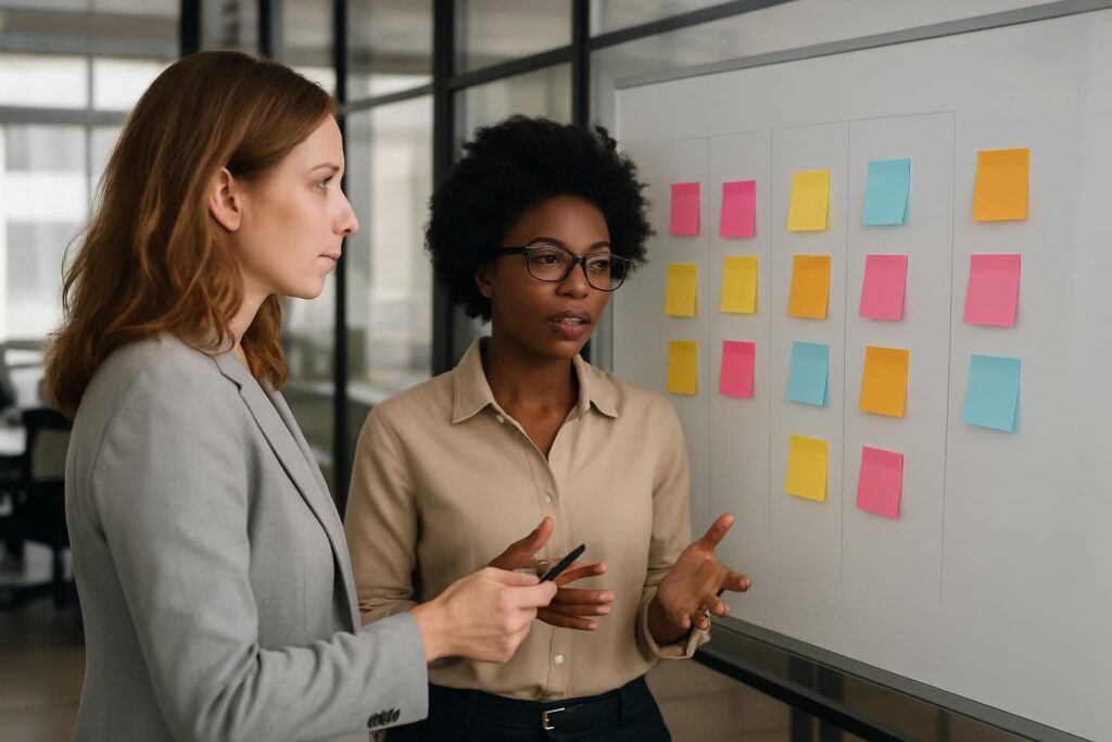 Equipe de marketing planejando conteúdo com post-its em um quadro branco
