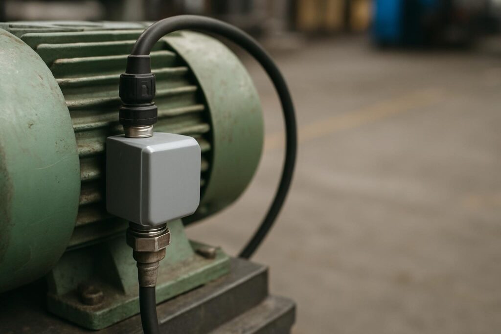 Sensor instalado em um motor industrial para monitorar o funcionamento da máquina