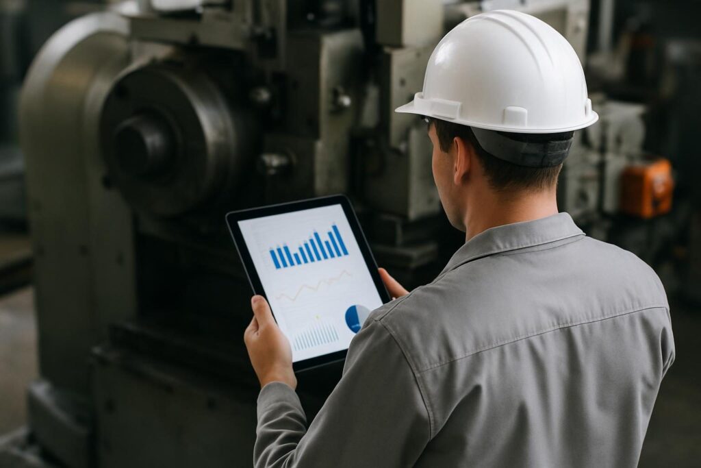 Técnico de costas consultando dados da produção em um tablet ao lado de uma máquina