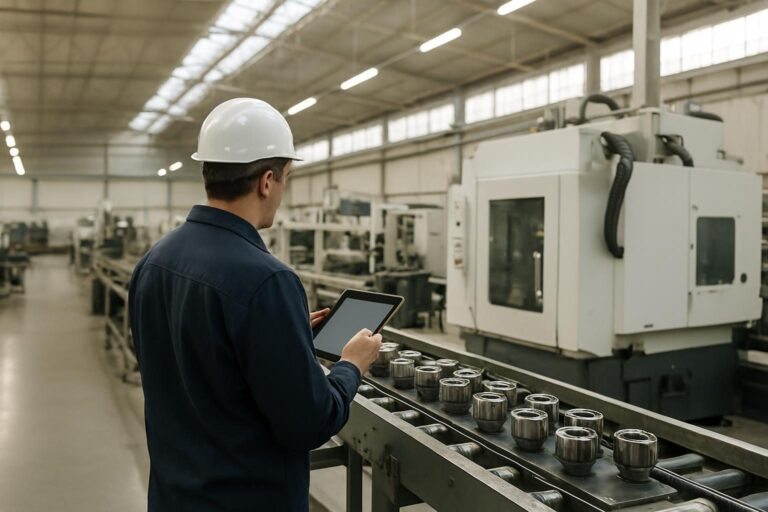 Técnico usando tablet ao lado de máquina em uma fábrica moderna