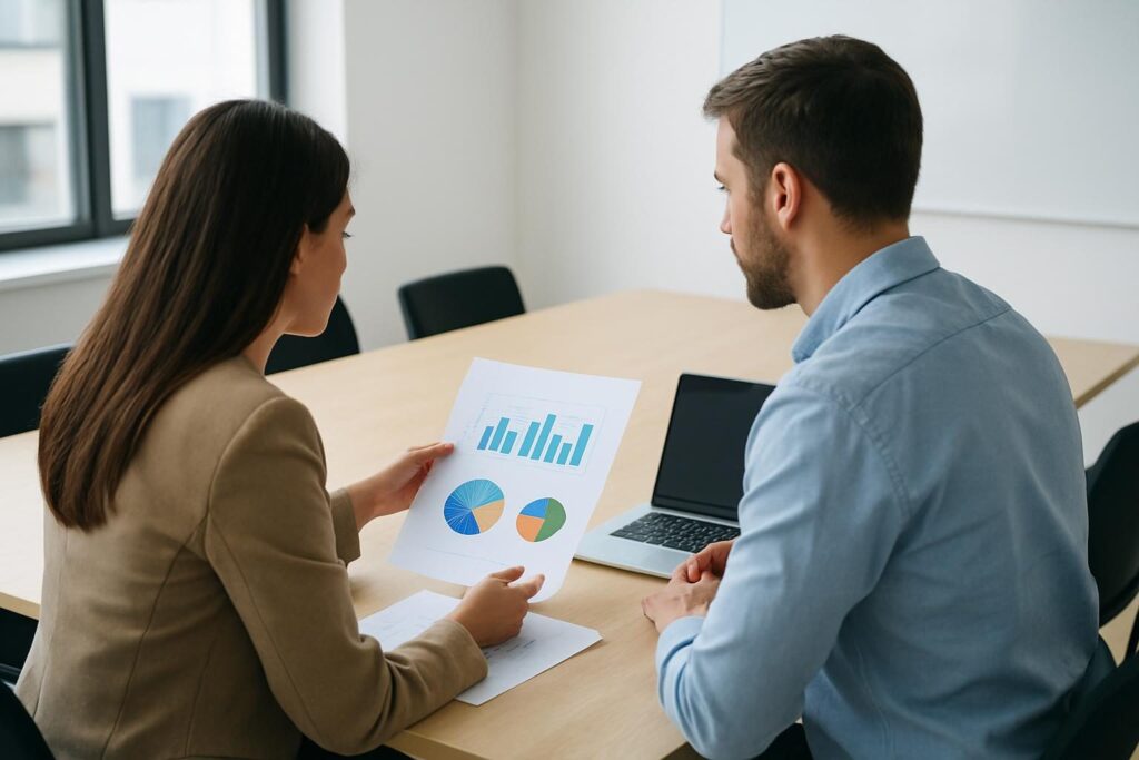 Marketing B2B e B2C: qual a diferença e como escolher Reunião de negócios em escritório claro com gráficos e notebook sobre a mesa