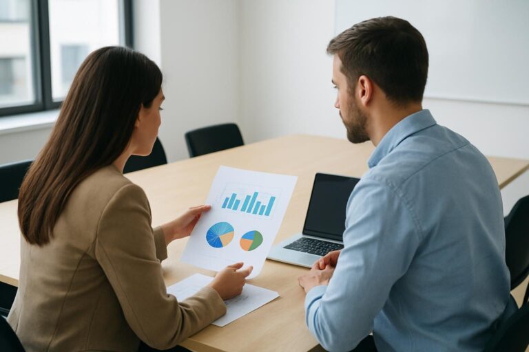 Reunião de negócios em escritório claro com gráficos e notebook sobre a mesa