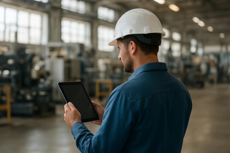 Profissional analisando um tablet em uma fábrica moderna com máquinas ao fundo