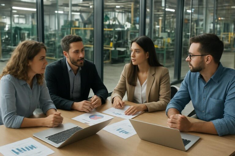 Equipes de marketing e vendas reunidas em sala com vista para a linha de produção de uma indústria
