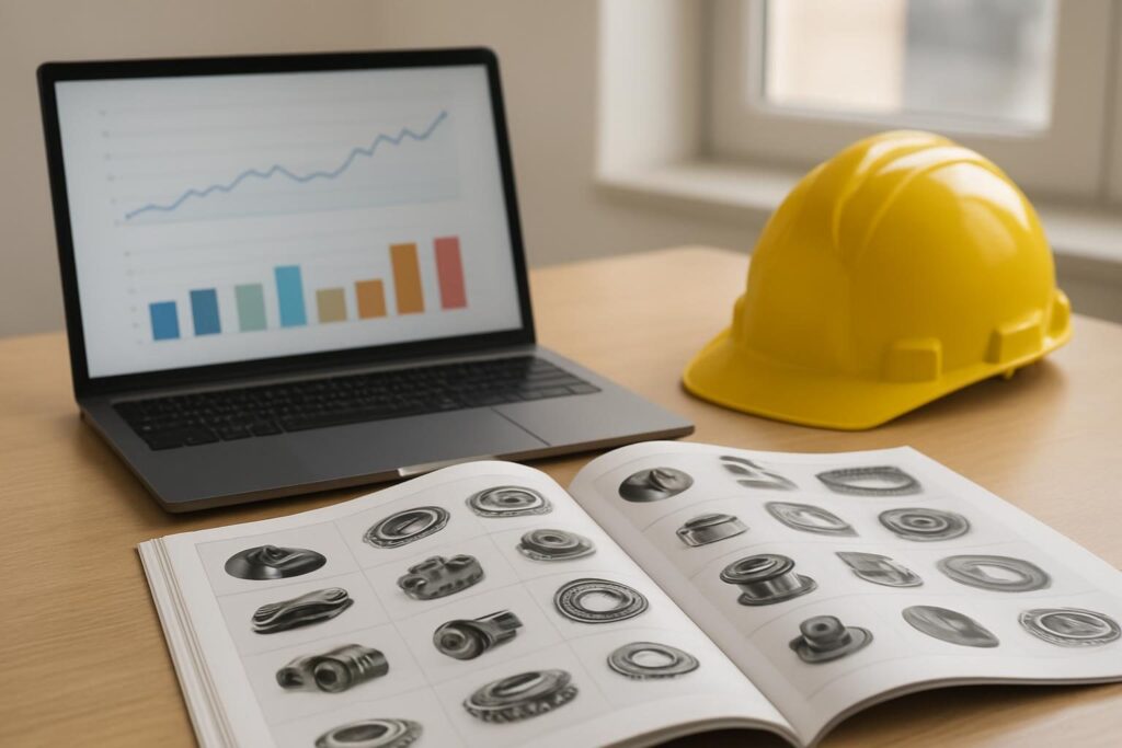 Mesa de trabalho com notebook, catálogo de peças e capacete de segurança