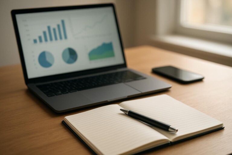 Mesa de trabalho com notebook, celular e caderno para analisar o desempenho das postagens em redes sociais