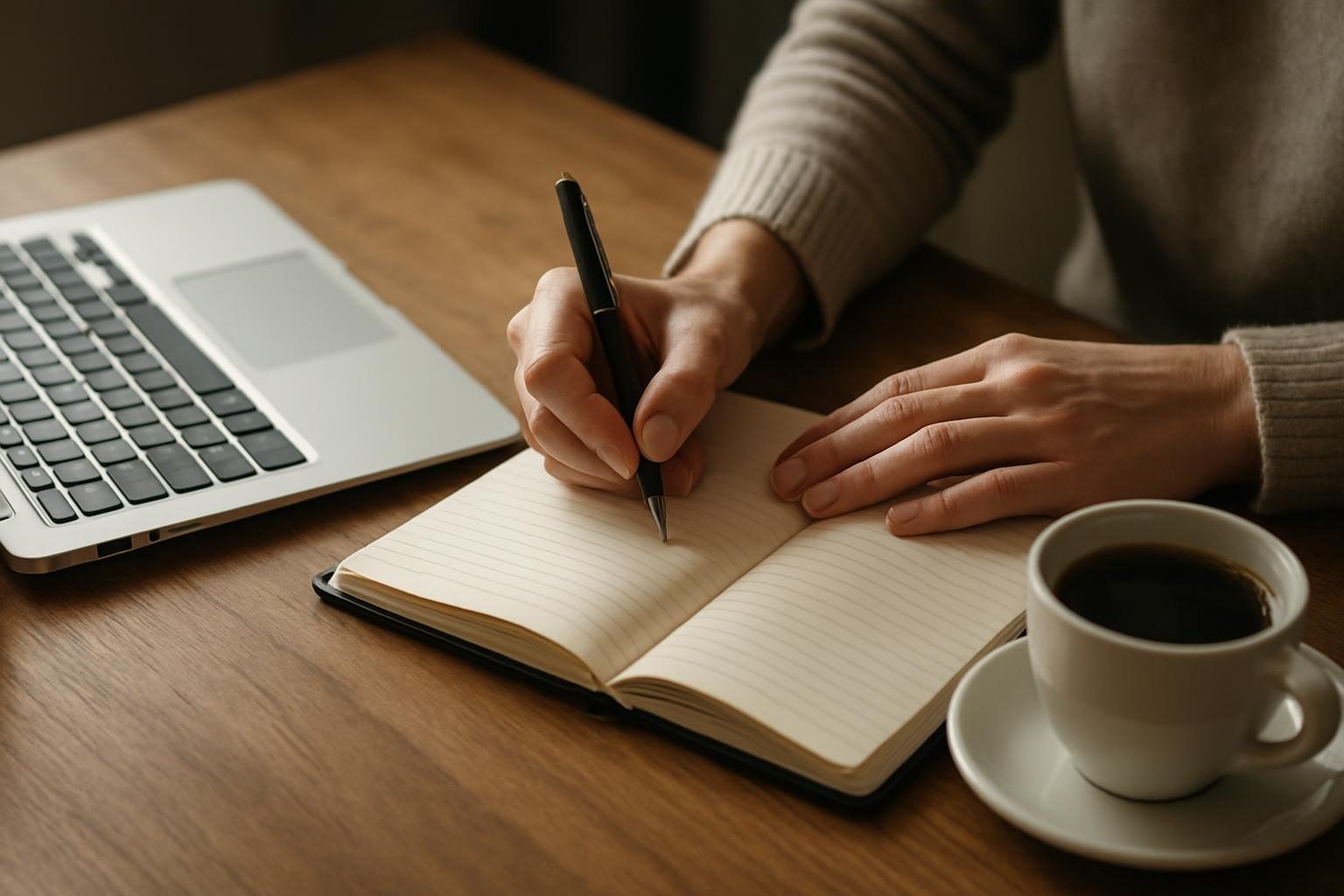 Pessoa fazendo anotações em caderno ao lado do notebook para se preparar para entrevista