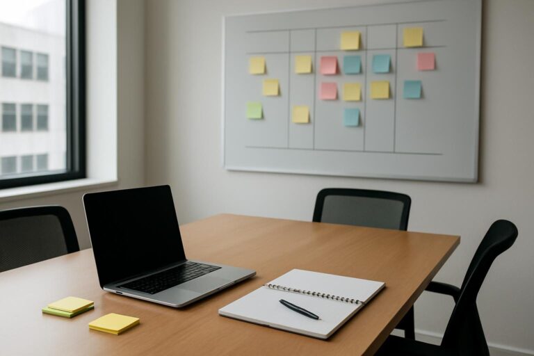 Mesa de escritório com notebook e quadro de post-its usado para planejar ações de marketing